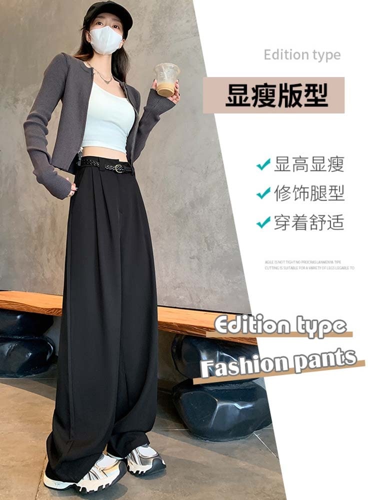 パンツグレーの高級感のあるスーツのズボンの女性の春の夏2025の新型のハイウエストのゆったりしているストレートの狭い版のワイドレギンスのズボンの垂れ下がった感 パンツグレーの高級感のあるスーツのズボンの女性の春の夏2025の新型のハイウエストのゆったりしているストレートの狭い版のワイドレギンスのズボンの垂れ下がった感