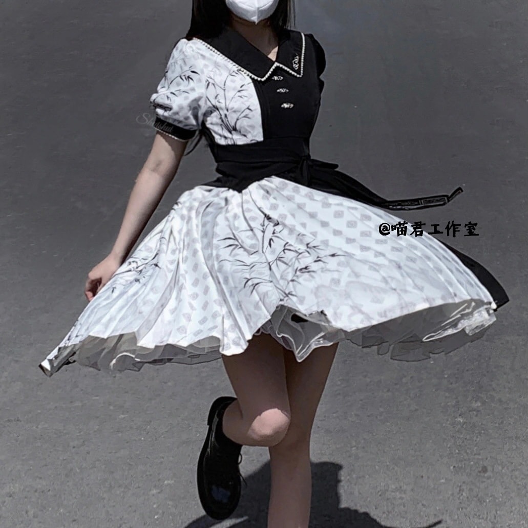 在库限りです! 【フルセット】墨竹白黒色合わせ韓国lolitacos要素新韓国ワンピース 在库限りです! 【フルセット】墨竹白黒色合わせ韓国lolitacos要素新韓国ワンピース