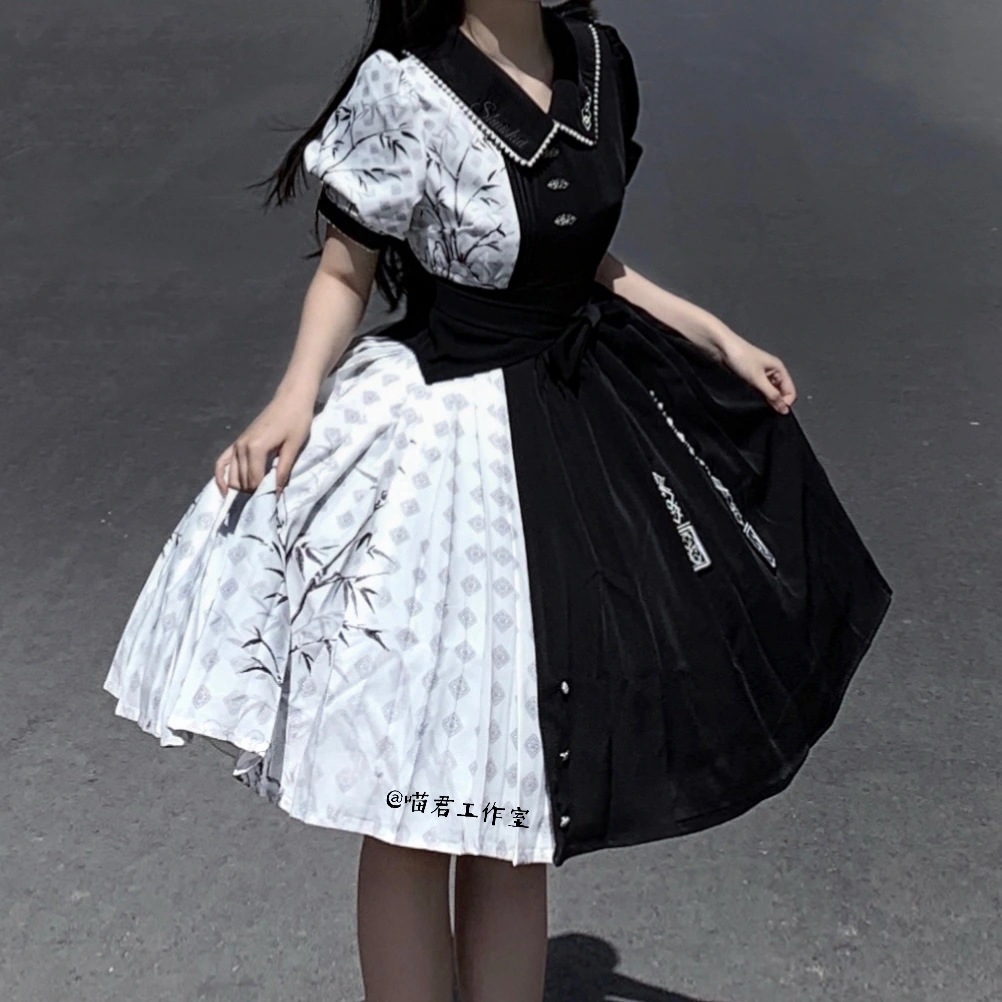 在库限りです! 【フルセット】墨竹白黒色合わせ韓国lolitacos要素新韓国ワンピース 在库限りです! 【フルセット】墨竹白黒色合わせ韓国lolitacos要素新韓国ワンピース