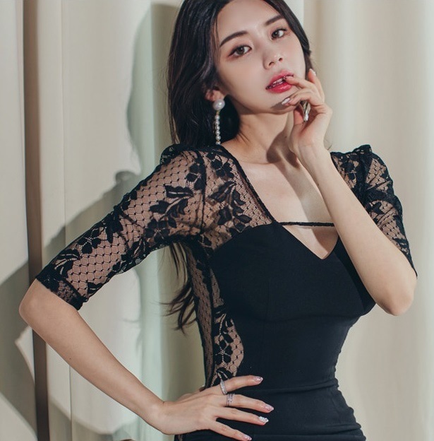 レースドレス 早秋 サイドオープン セクシー バックヒップ 黒 ハイウェスト アシンメトリースカート