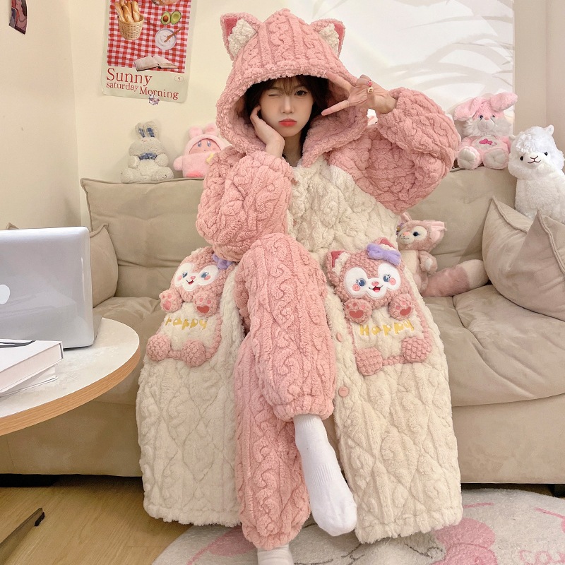 冬の三層綿入りパジャマ女性はサンゴのベルベットを厚くしてかわいい玉桂犬の長い帽子付き寝衣の家服セット