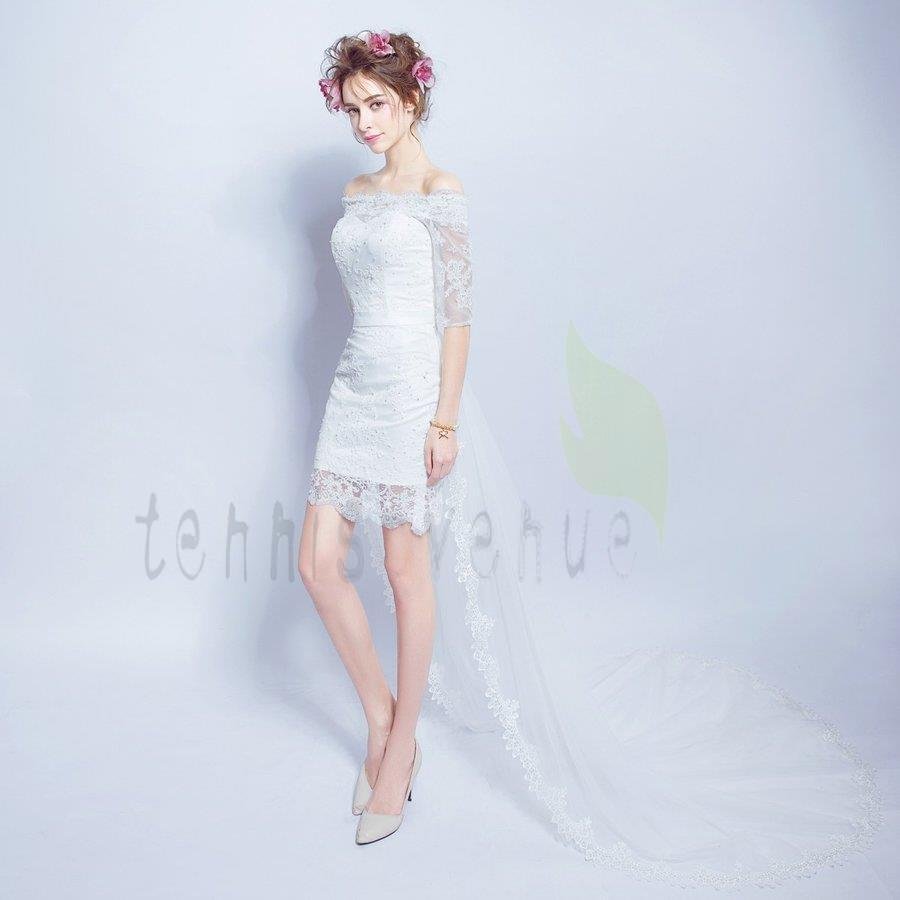 ウェディングドレス 半袖 二次会 安い トレーンドレス 前ミニ ロングドレス 結婚式 花嫁 パーティ