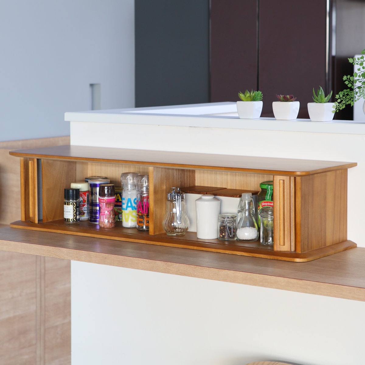 スパイスラック 幅90cm ジャバラ式 カウンター上収納 背面化粧 調味料ラック キッチン収納 扉付き収納 調味料入れ 扉付き 天然木 桐 完成品 木製スパイスラック 調味料収納ラック 収納