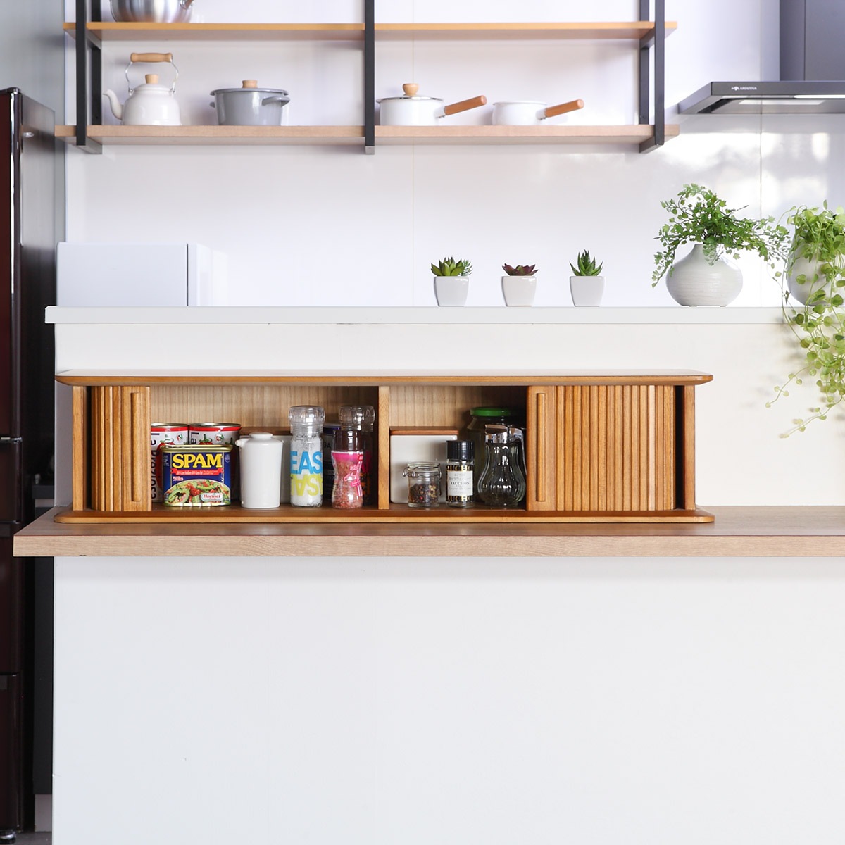 スパイスラック 幅90cm ジャバラ式 カウンター上収納 背面化粧 調味料ラック キッチン収納 扉付き収納 調味料入れ 扉付き 天然木 桐 完成品 木製スパイスラック 調味料収納ラック 収納