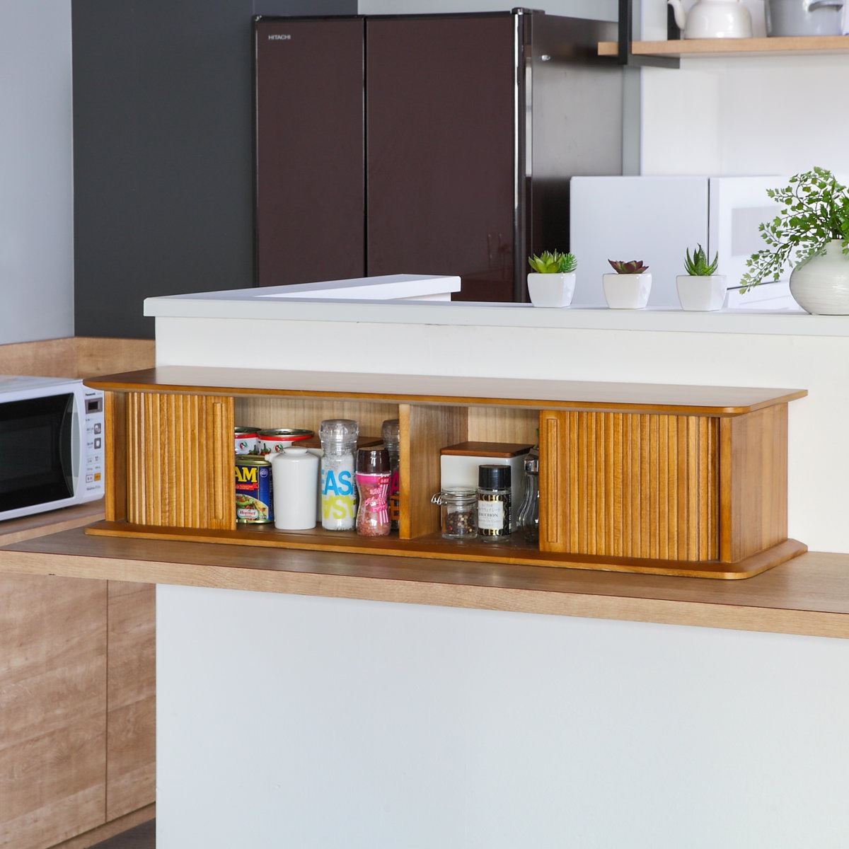 スパイスラック 幅90cm ジャバラ式 カウンター上収納 背面化粧 調味料ラック キッチン収納 扉付き収納 調味料入れ 扉付き 天然木 桐 完成品 木製スパイスラック 調味料収納ラック 収納