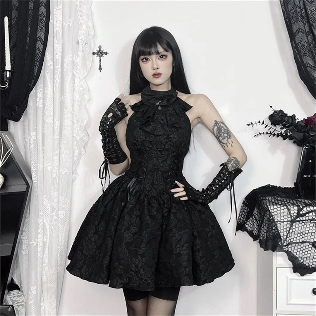 ハロウィン 今 短纳期 暗黒系 オフショルダー リボン 黒 ブラック S M L ワンピース