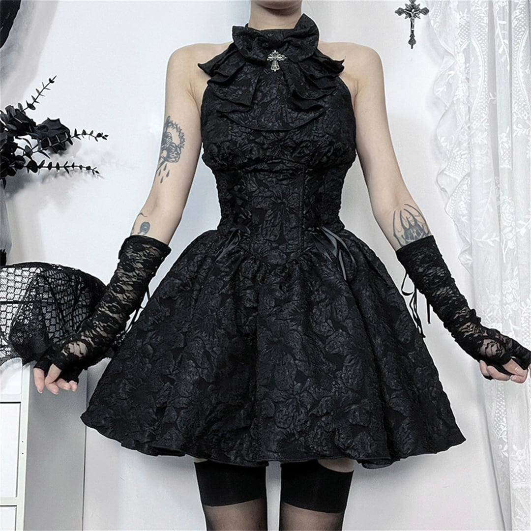 ハロウィン 今 短纳期 暗黒系 オフショルダー リボン 黒 ブラック S M L ワンピース