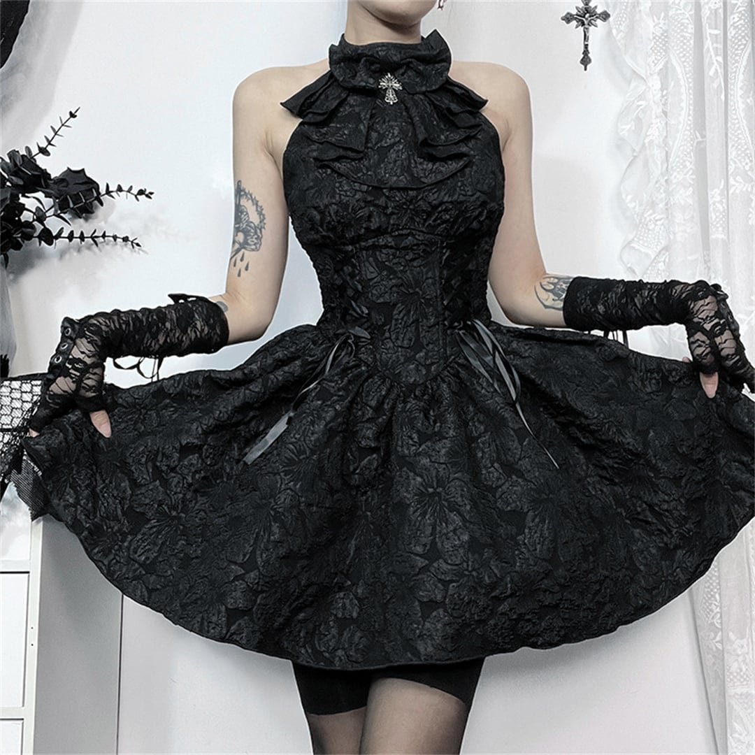 ハロウィン 今 短纳期 暗黒系 オフショルダー リボン 黒 ブラック S M L ワンピース