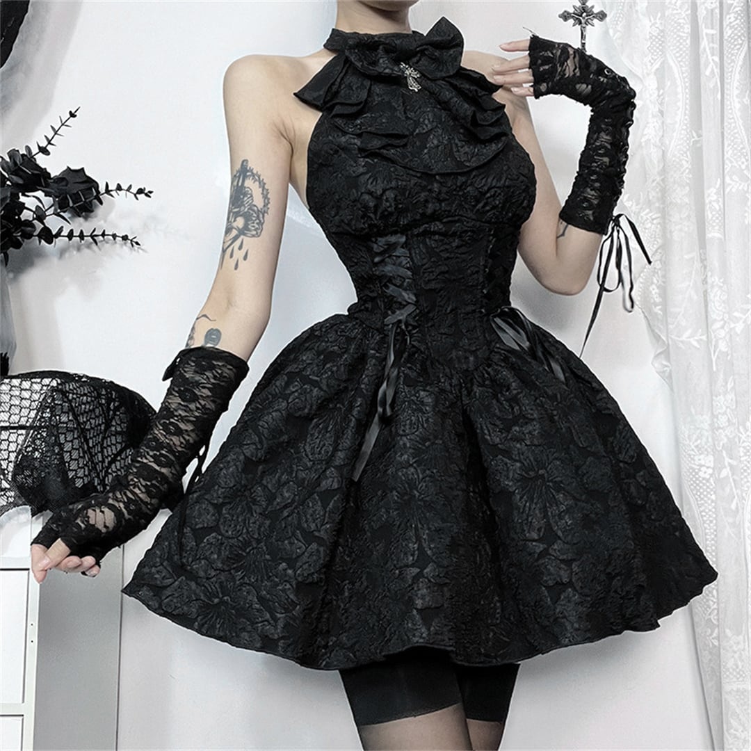 ハロウィン 今 短纳期 暗黒系 オフショルダー リボン 黒 ブラック S M L ワンピース