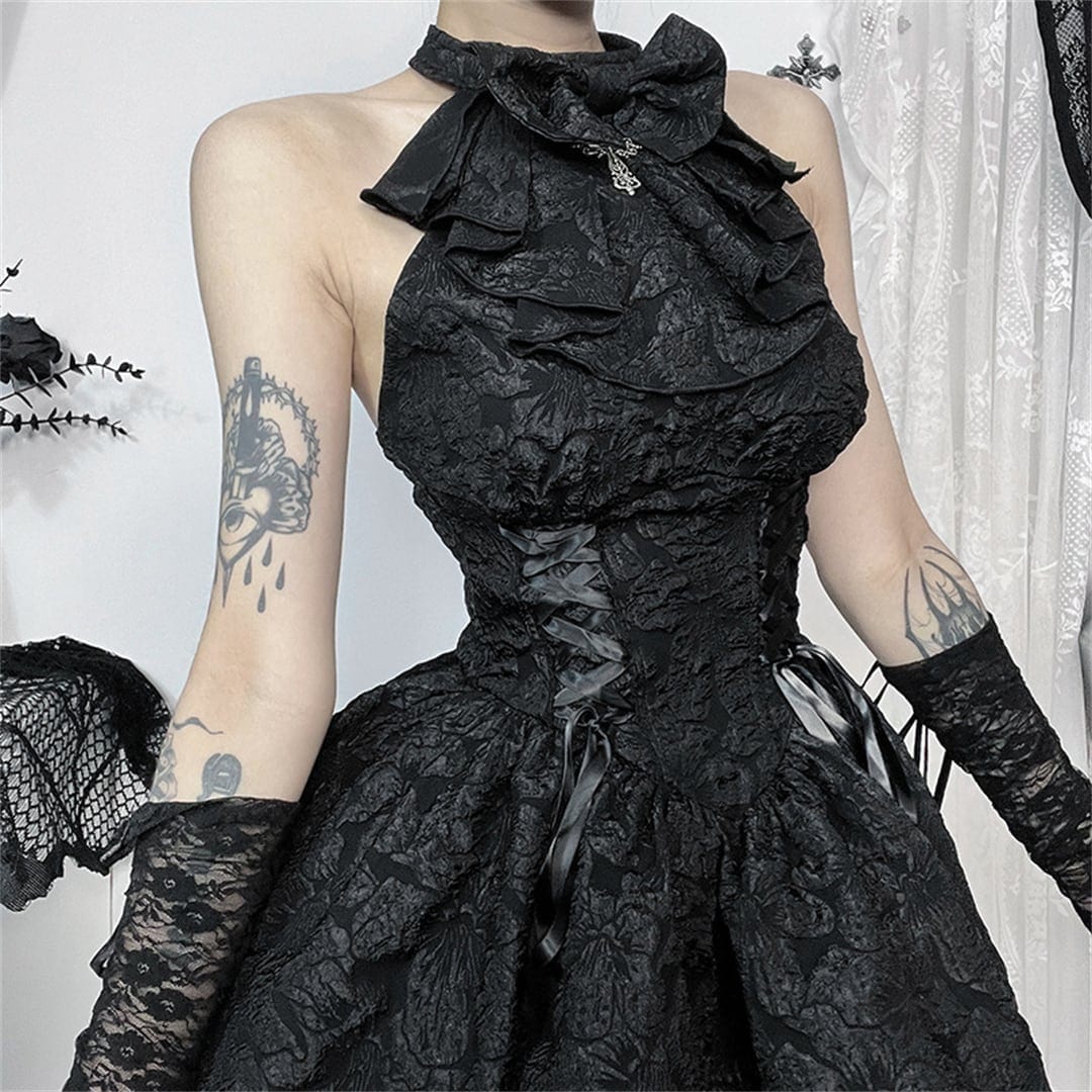 ハロウィン 今 短纳期 暗黒系 オフショルダー リボン 黒 ブラック S M L ワンピース