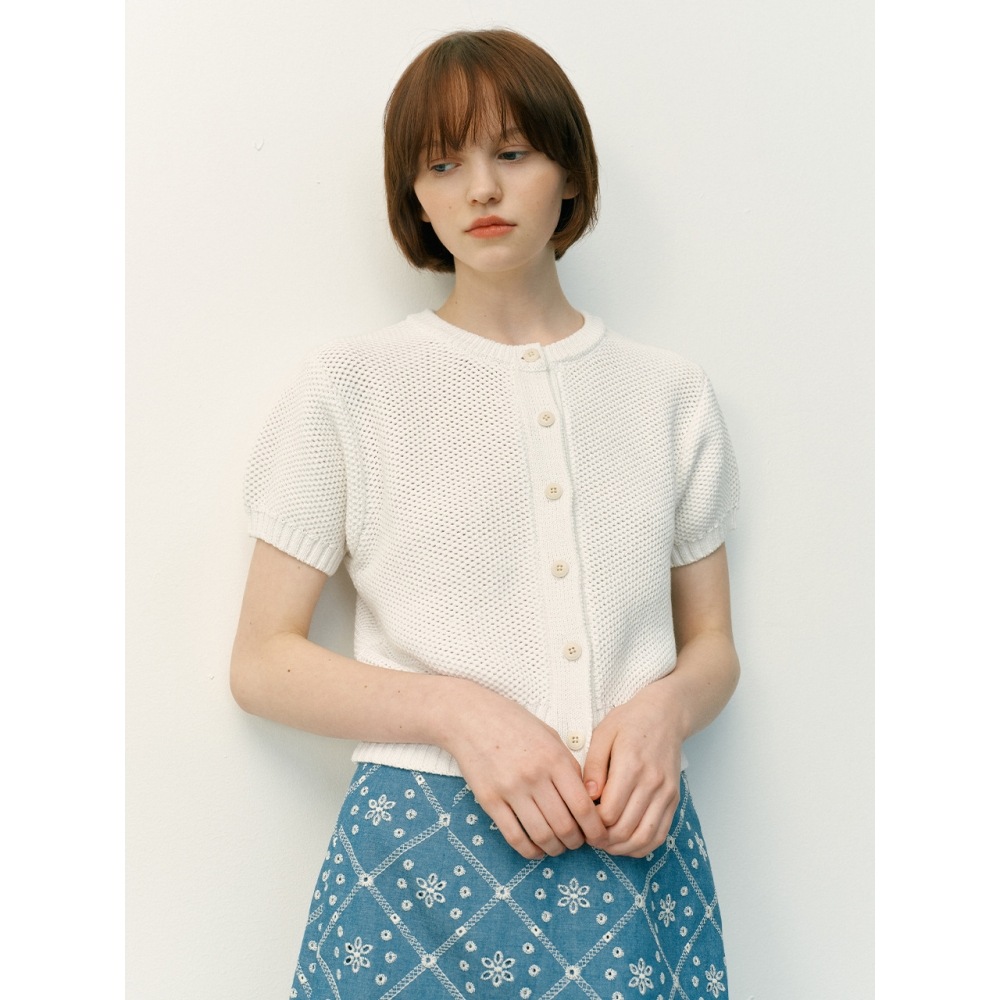 アンドユー ZERORNA ショートスリーブニットカーディガン (ブルーアイボリー)