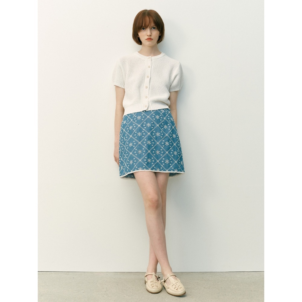 アンドユー ZERORNA ショートスリーブニットカーディガン (ブルーアイボリー)