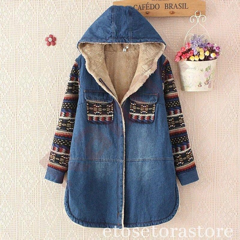 作登場上品デニムコート暖かい秋作デニムコートロングフード付き裏起毛冬レディースフード付き大きいサイズアウターボアジ