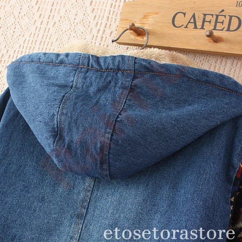 作登場上品デニムコート暖かい秋作デニムコートロングフード付き裏起毛冬レディースフード付き大きいサイズアウターボアジ