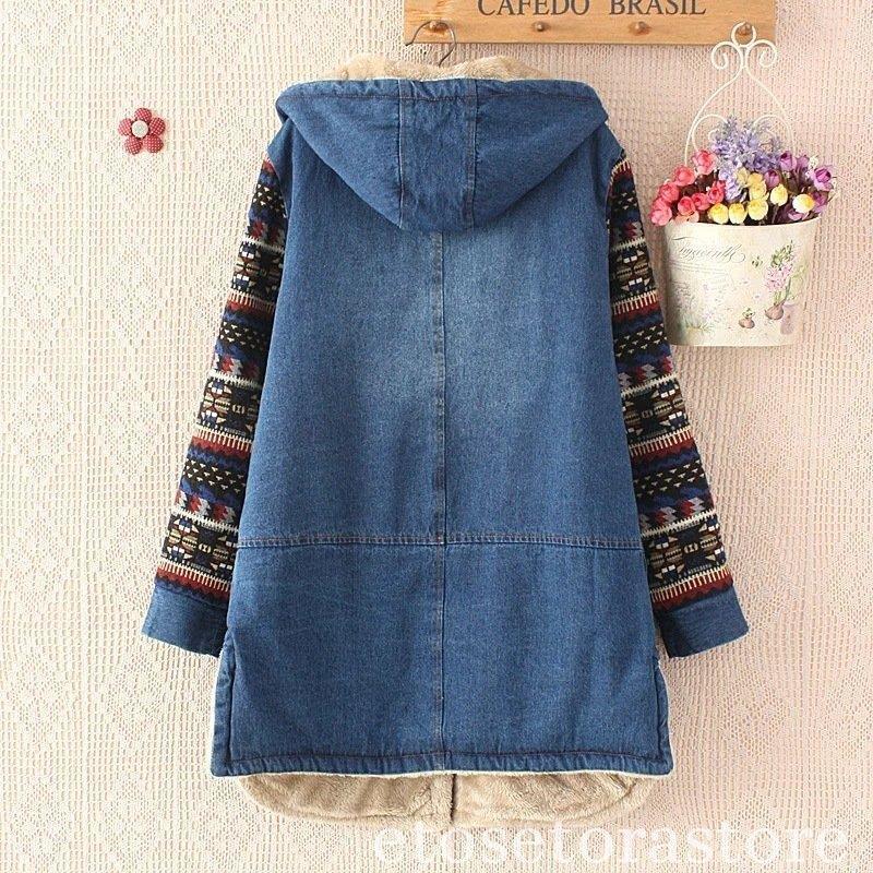 作登場上品デニムコート暖かい秋作デニムコートロングフード付き裏起毛冬レディースフード付き大きいサイズアウターボアジ