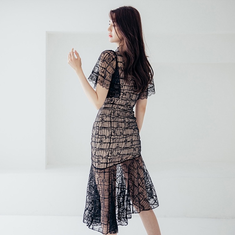 ドレス ハイネックマーメイドレース膝丈ドレス