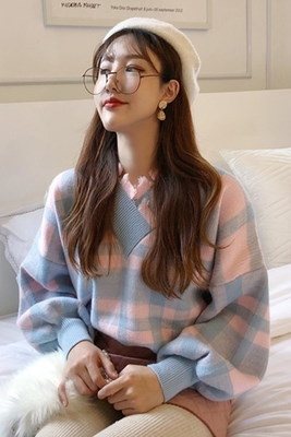 韓国風/風/襟/ヒットカラー/グリッド/ファッション/手厚い/セーター/暖かい/着やせ/ルース/ヘッジ/長袖/トップス/女 韓国風/風/襟/ヒットカラー/グリッド/ファッション/手厚い/セーター/暖かい/着やせ/ルース/ヘッジ/長袖/トップス/女
