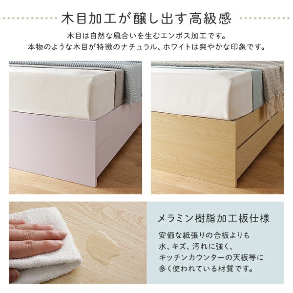 ベッド 収納付き 連結 引き出し付き キャスター付き 木製 棚付き 宮付き コンセント付き シンプル モダン ホワイト セミダブル ボンネルコイルマットレス付き