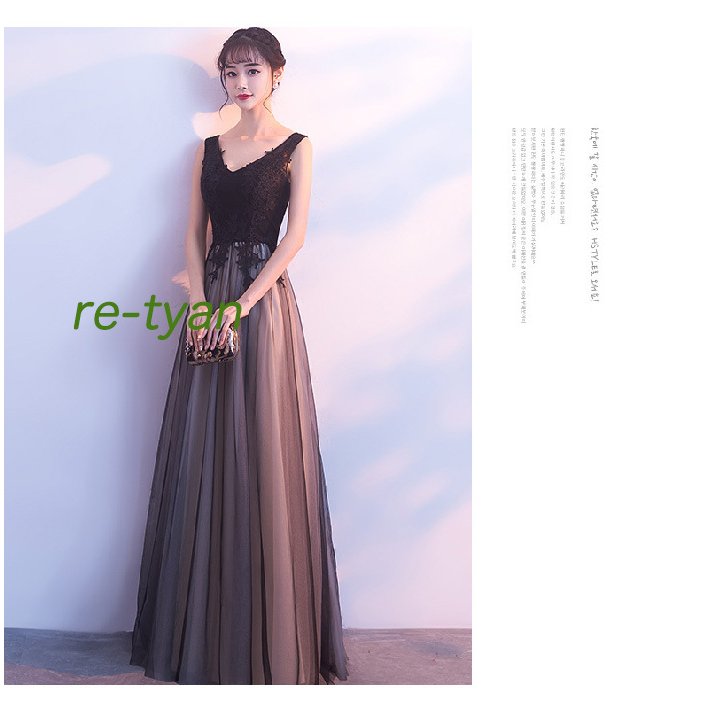 パーティードレス ロングドレス エレガント舞台演奏会大きいサイズ 体型カバー 黒 成人式 同窓会卒業