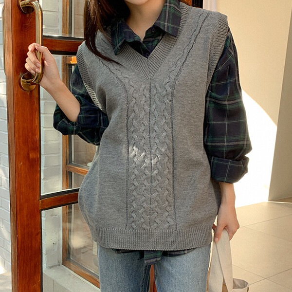 バーガンディー2列ケーブルベスト61781ビッグサイズレディースファッション