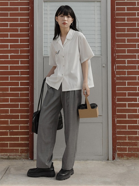 エッグタルト キューバンカラー 半袖 カジュアル 刺繍