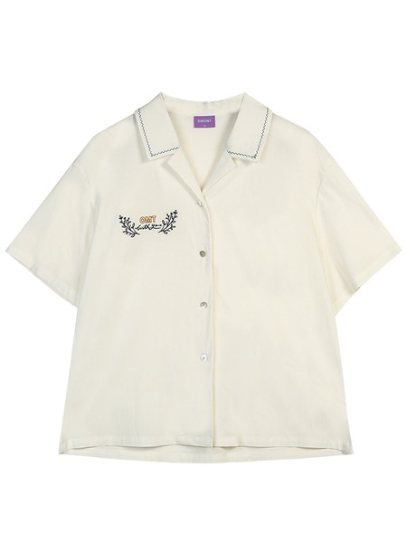 エッグタルト キューバンカラー 半袖 カジュアル 刺繍