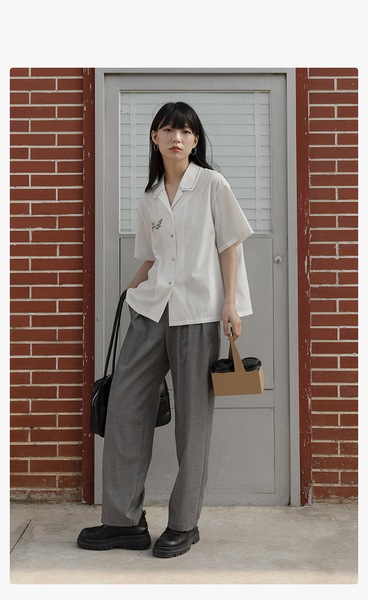 エッグタルト キューバンカラー 半袖 カジュアル 刺繍