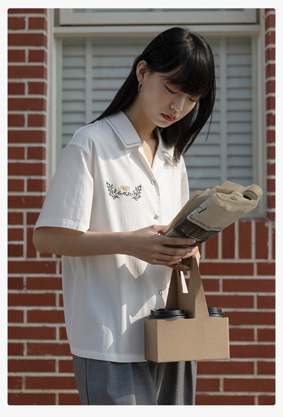 エッグタルト キューバンカラー 半袖 カジュアル 刺繍