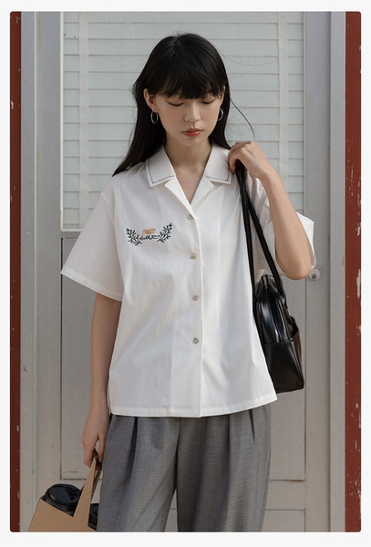 エッグタルト キューバンカラー 半袖 カジュアル 刺繍