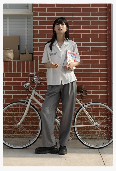 エッグタルト キューバンカラー 半袖 カジュアル 刺繍