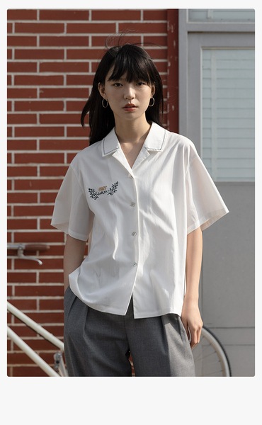 エッグタルト キューバンカラー 半袖 カジュアル 刺繍