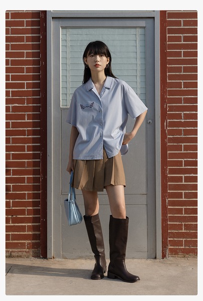 エッグタルト キューバンカラー 半袖 カジュアル 刺繍