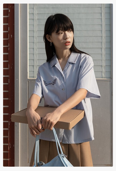 エッグタルト キューバンカラー 半袖 カジュアル 刺繍