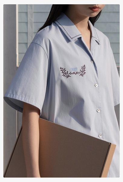 エッグタルト キューバンカラー 半袖 カジュアル 刺繍