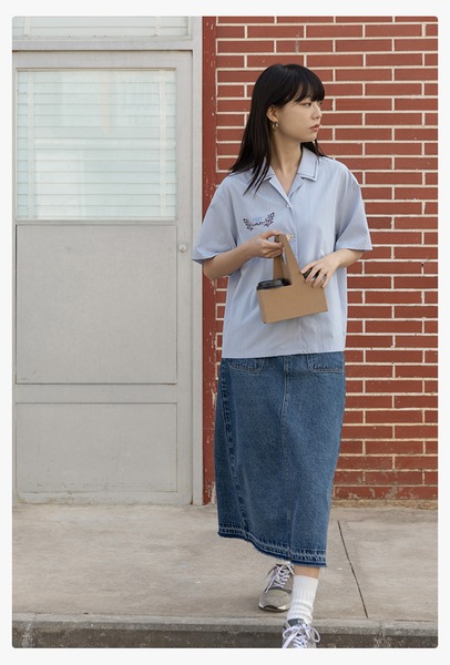 エッグタルト キューバンカラー 半袖 カジュアル 刺繍