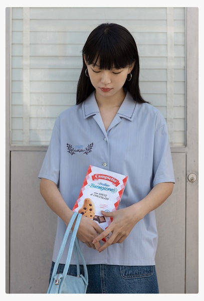 エッグタルト キューバンカラー 半袖 カジュアル 刺繍