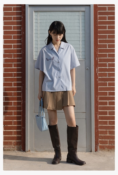 エッグタルト キューバンカラー 半袖 カジュアル 刺繍