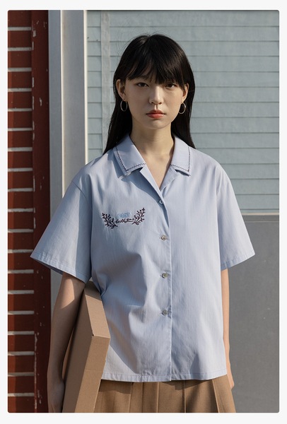 エッグタルト キューバンカラー 半袖 カジュアル 刺繍