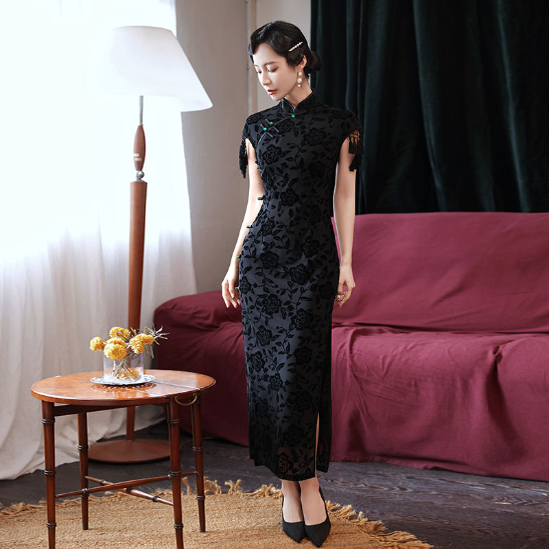 ロングブラックのチャイナドレスの女性のハイエンド2025年夏のレトロな気質の改善されたスタイル r 母の日-0009270 ロングブラックのチャイナドレスの女性のハイエンド2025年夏のレトロな気質の改善されたスタイル r 母の日-0009270