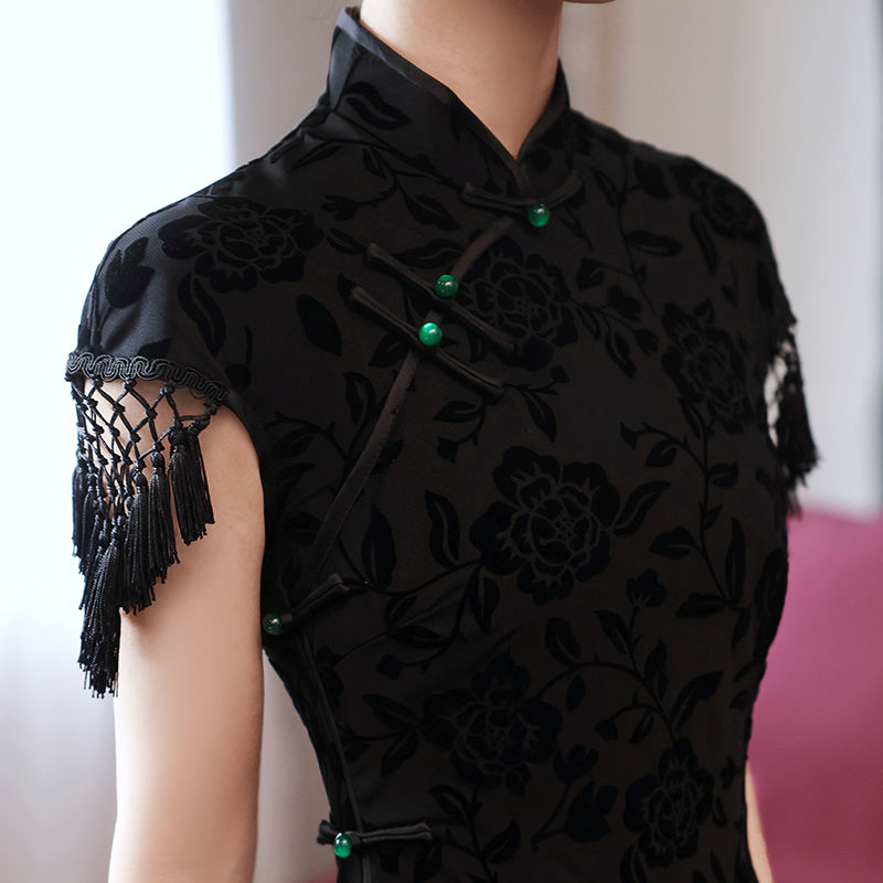 ロングブラックのチャイナドレスの女性のハイエンド2025年夏のレトロな気質の改善されたスタイル r 母の日-0009270 ロングブラックのチャイナドレスの女性のハイエンド2025年夏のレトロな気質の改善されたスタイル r 母の日-0009270