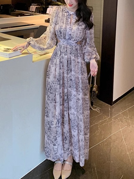 ティーブレイク花柄シフォンドレスレディース ワンピース ドレス ロング ボヘミアン 長袖 ランタンスリーブ ラウンドネック フレア Aライン ハイウエスト フォーマル フェミニン シフォン スリット ティーブレイク花柄シフォンドレスレディース ワンピース ドレス ロング ボヘミアン 長袖 ランタンスリーブ ラウンドネック フレア Aライン ハイウエスト フォーマル フェミニン シフォン スリット