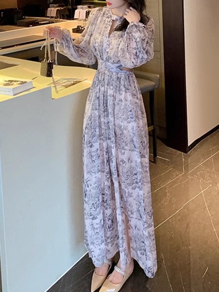 ティーブレイク花柄シフォンドレスレディース ワンピース ドレス ロング ボヘミアン 長袖 ランタンスリーブ ラウンドネック フレア Aライン ハイウエスト フォーマル フェミニン シフォン スリット ティーブレイク花柄シフォンドレスレディース ワンピース ドレス ロング ボヘミアン 長袖 ランタンスリーブ ラウンドネック フレア Aライン ハイウエスト フォーマル フェミニン シフォン スリット