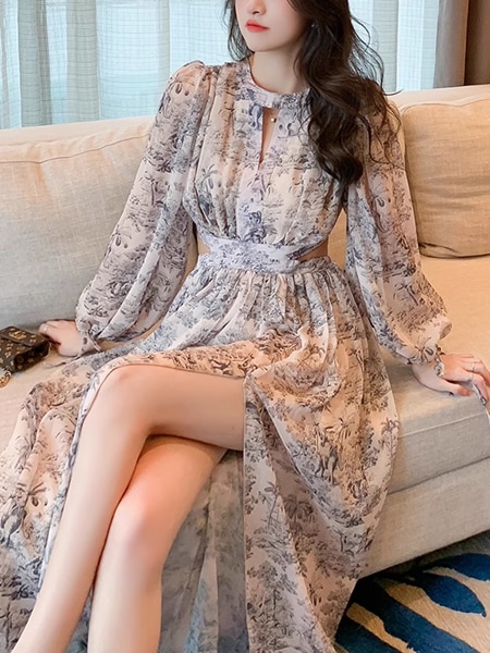 ティーブレイク花柄シフォンドレスレディース ワンピース ドレス ロング ボヘミアン 長袖 ランタンスリーブ ラウンドネック フレア Aライン ハイウエスト フォーマル フェミニン シフォン スリット ティーブレイク花柄シフォンドレスレディース ワンピース ドレス ロング ボヘミアン 長袖 ランタンスリーブ ラウンドネック フレア Aライン ハイウエスト フォーマル フェミニン シフォン スリット