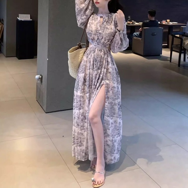 ティーブレイク花柄シフォンドレスレディース ワンピース ドレス ロング ボヘミアン 長袖 ランタンスリーブ ラウンドネック フレア Aライン ハイウエスト フォーマル フェミニン シフォン スリット ティーブレイク花柄シフォンドレスレディース ワンピース ドレス ロング ボヘミアン 長袖 ランタンスリーブ ラウンドネック フレア Aライン ハイウエスト フォーマル フェミニン シフォン スリット