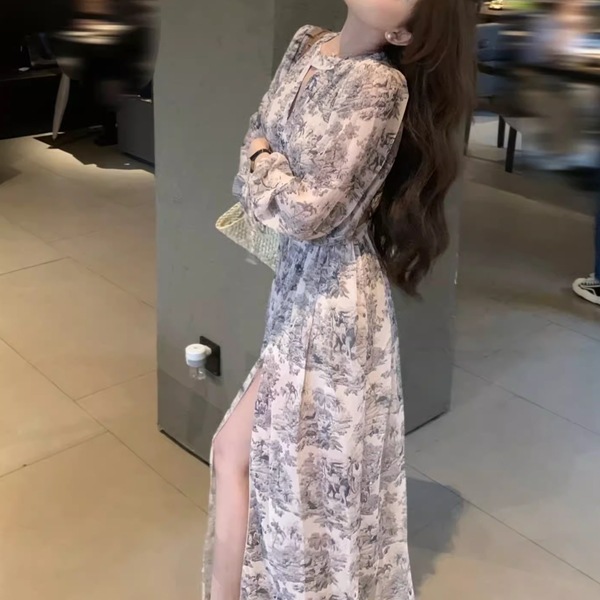 ティーブレイク花柄シフォンドレスレディース ワンピース ドレス ロング ボヘミアン 長袖 ランタンスリーブ ラウンドネック フレア Aライン ハイウエスト フォーマル フェミニン シフォン スリット ティーブレイク花柄シフォンドレスレディース ワンピース ドレス ロング ボヘミアン 長袖 ランタンスリーブ ラウンドネック フレア Aライン ハイウエスト フォーマル フェミニン シフォン スリット