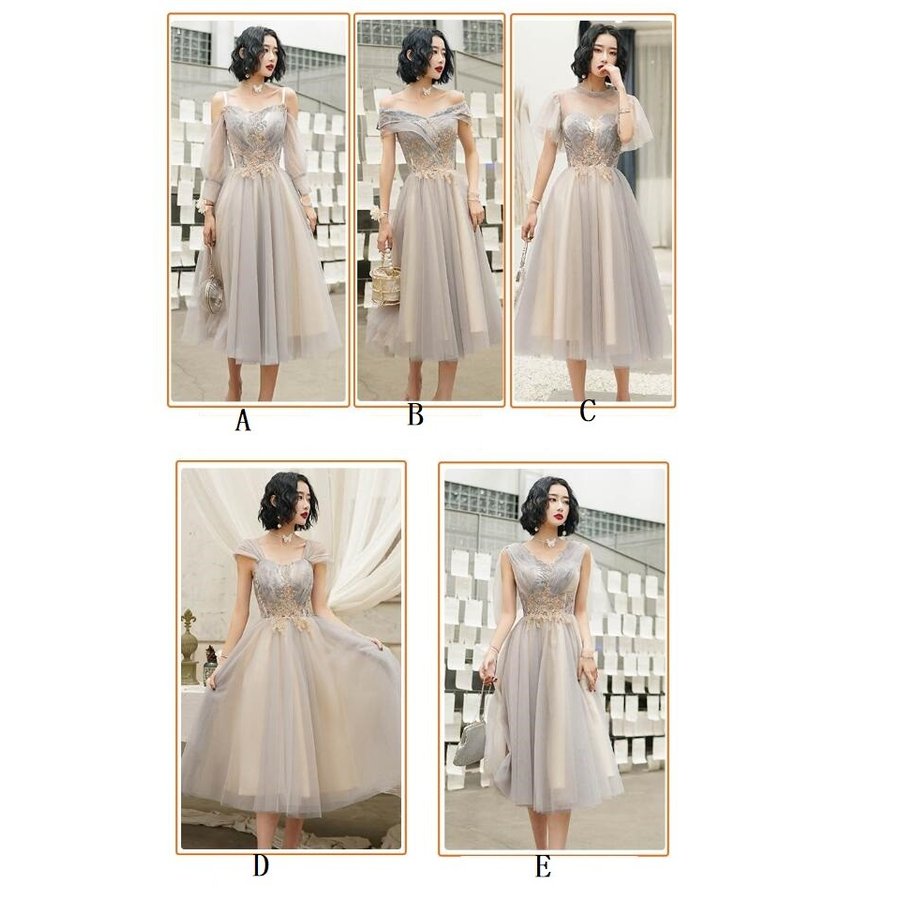 ブライズメイド ドレス 袖あり レディース ミモレ丈ドレス 花嫁の介添えドレス カラードレス プリン