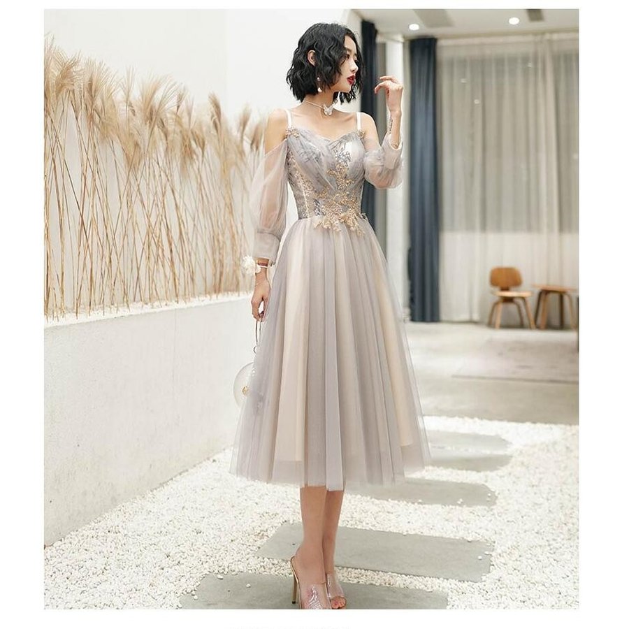 ブライズメイド ドレス 袖あり レディース ミモレ丈ドレス 花嫁の介添えドレス カラードレス プリン