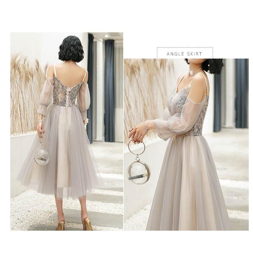 ブライズメイド ドレス 袖あり レディース ミモレ丈ドレス 花嫁の介添えドレス カラードレス プリン