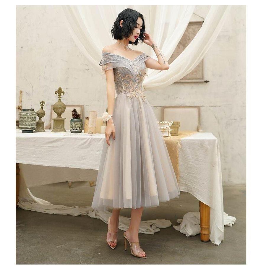 ブライズメイド ドレス 袖あり レディース ミモレ丈ドレス 花嫁の介添えドレス カラードレス プリン