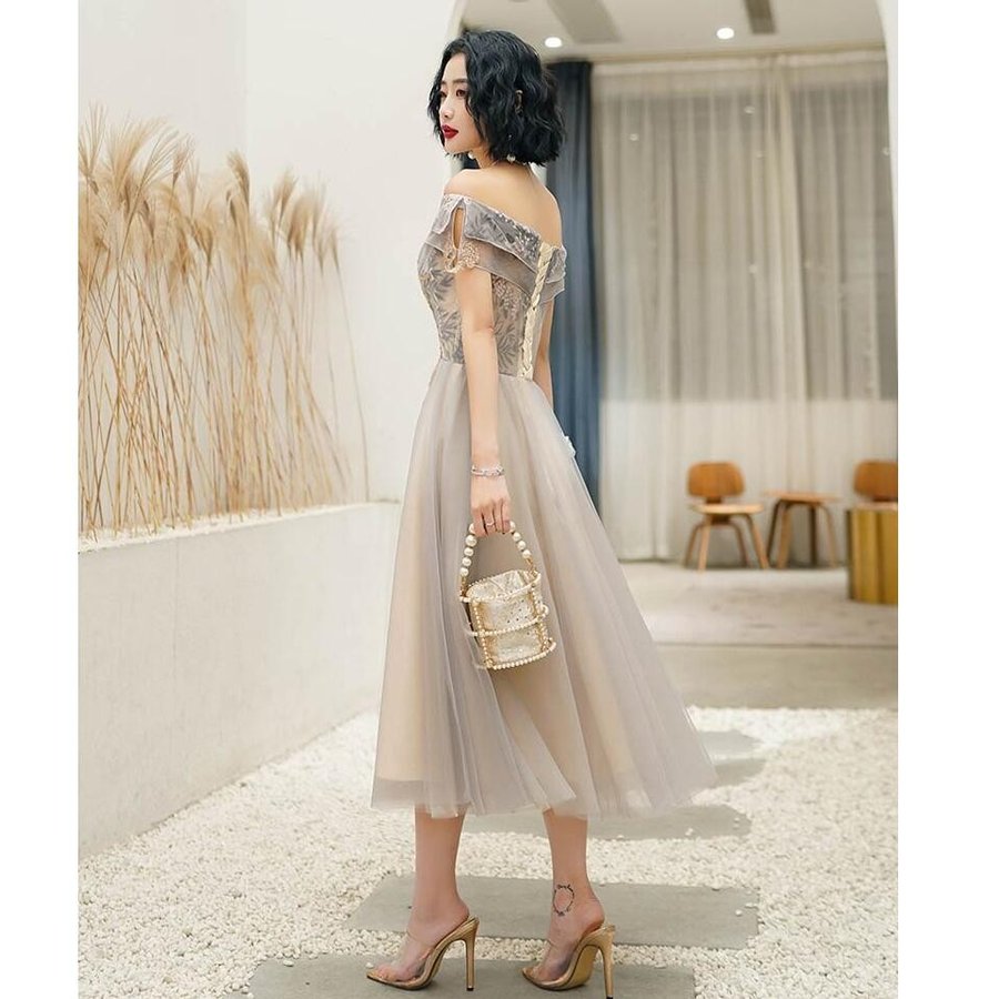 ブライズメイド ドレス 袖あり レディース ミモレ丈ドレス 花嫁の介添えドレス カラードレス プリン